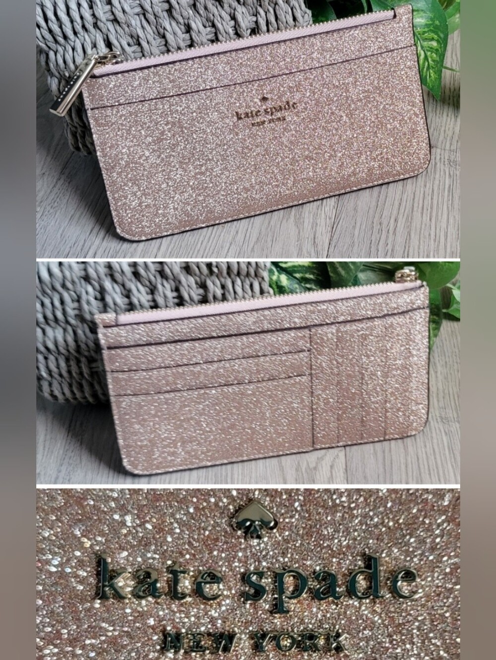 kate spade New York Glitter Large Slim Cardholder Rose Gold Wallet, 6.5" x 3.5"